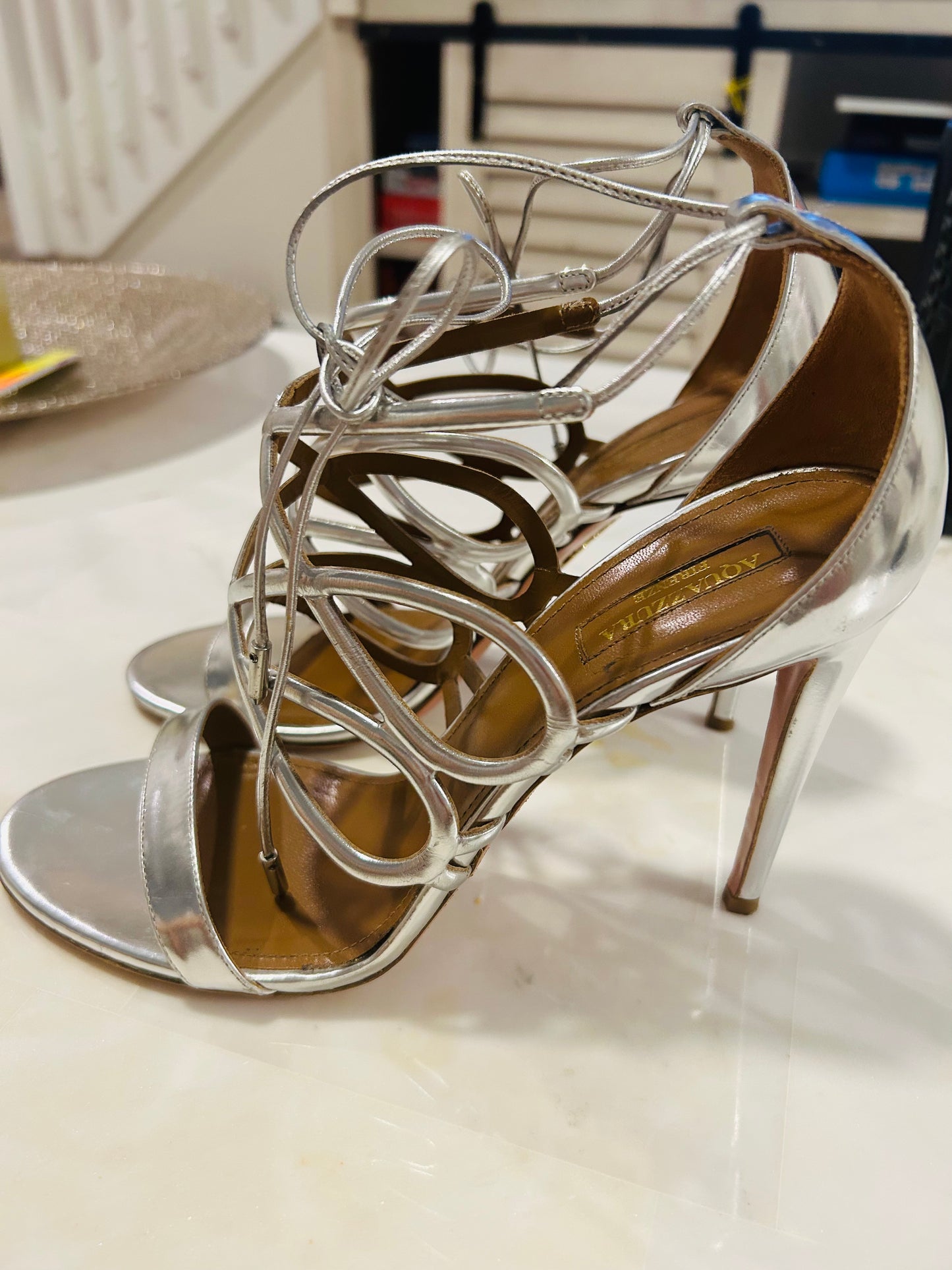AQUAZZURA silver wrap heels