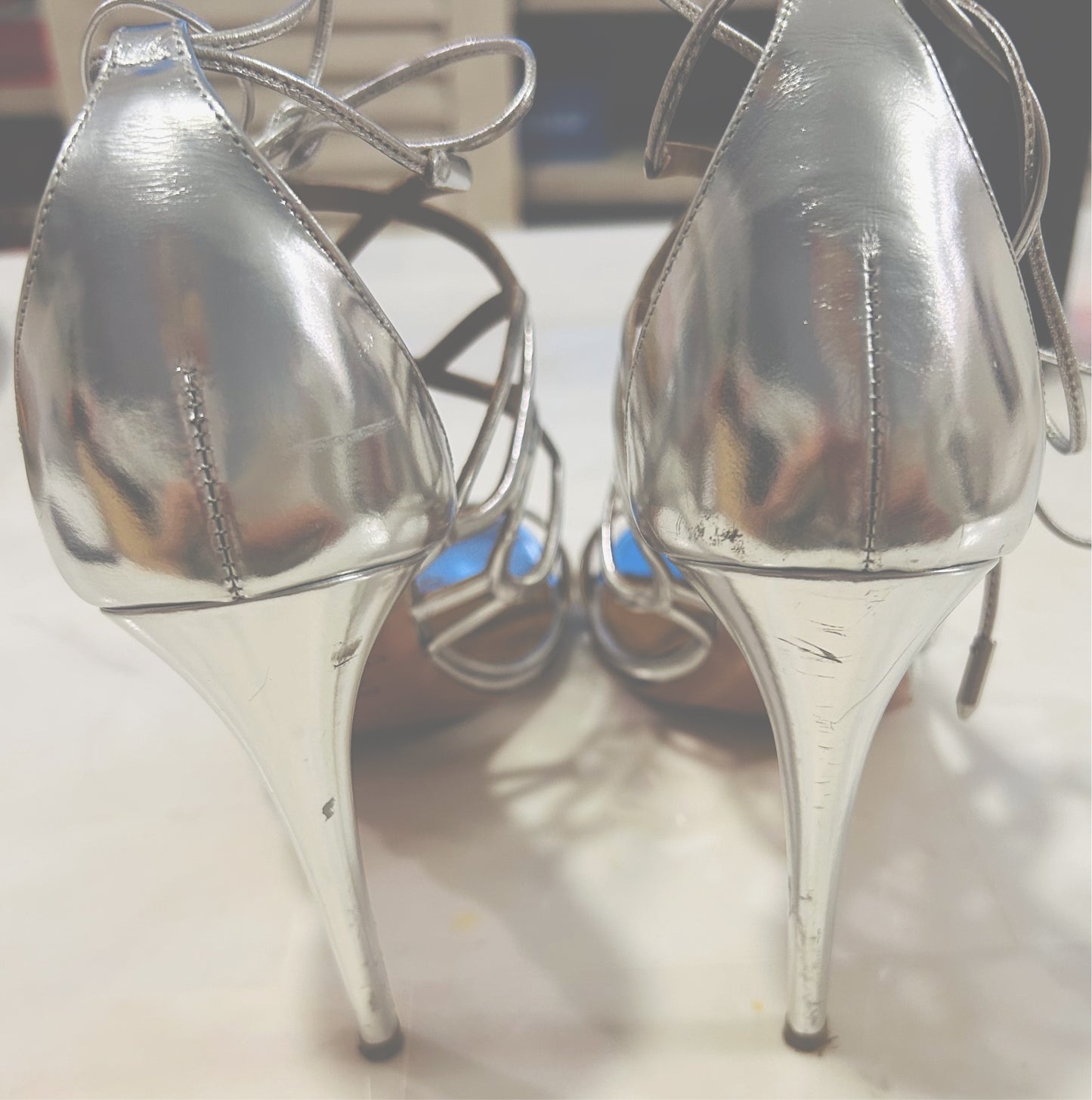 AQUAZZURA silver wrap heels